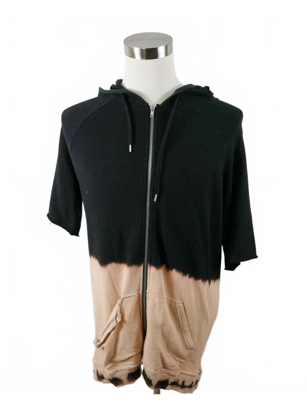 Hot Topic Mens Cotton SS Full Zip Black Beige Tie Dye Hoodie Sweater Size S/M